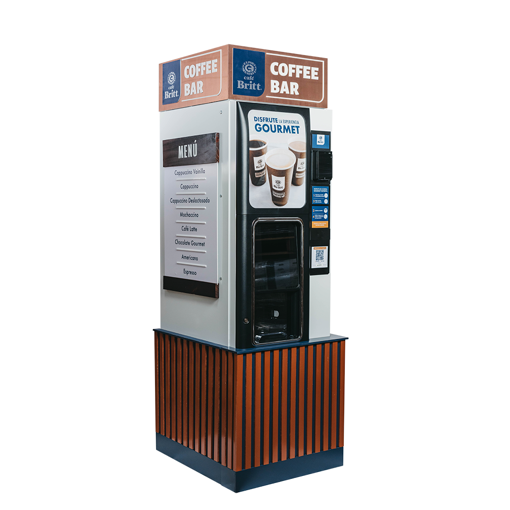 Coffee vending machine with Britt Coffee branding on a white background
