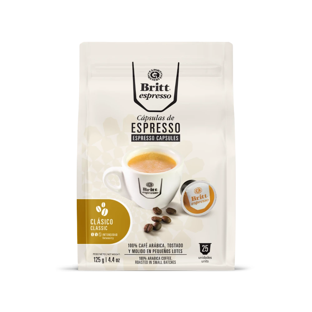 Packaging of Britt espresso capsules on a white background