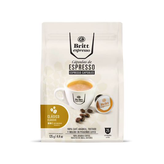 Packaging of Britt espresso capsules on a white background