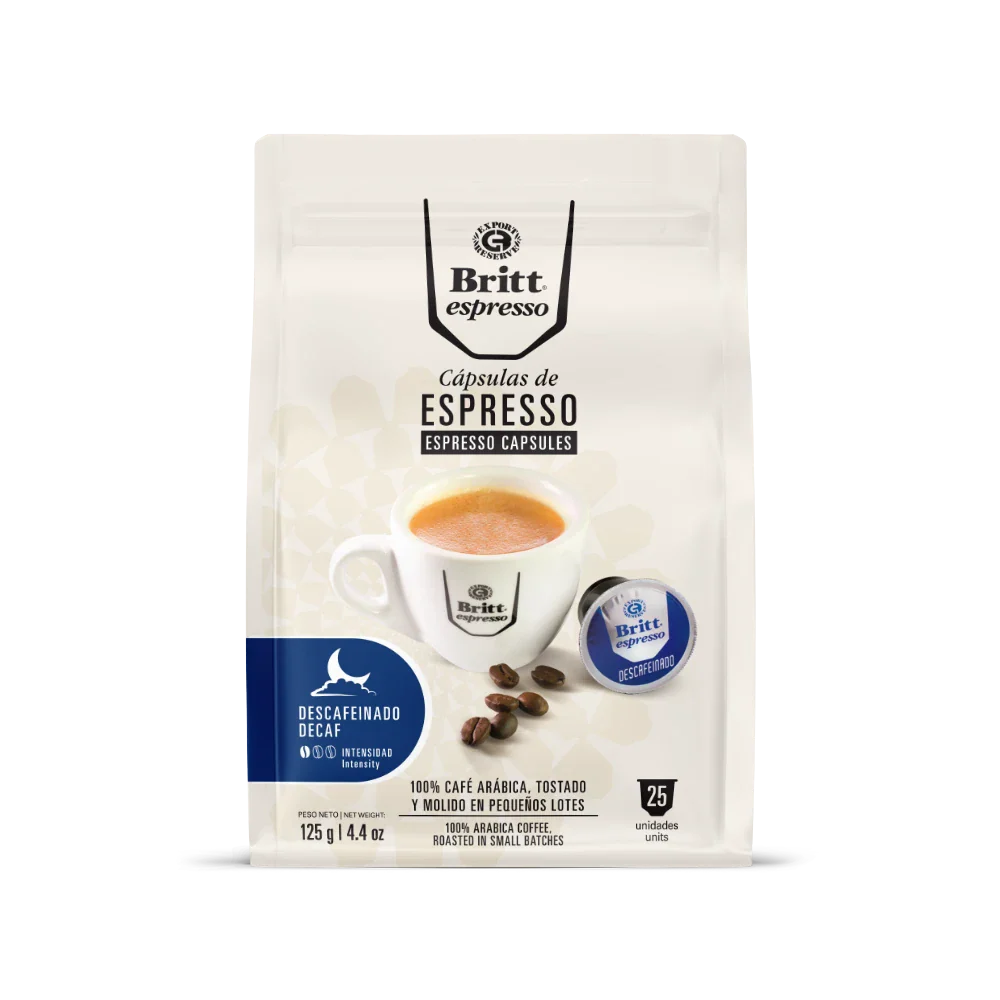 Pack of Britt Espresso Decaf capsules on a white background