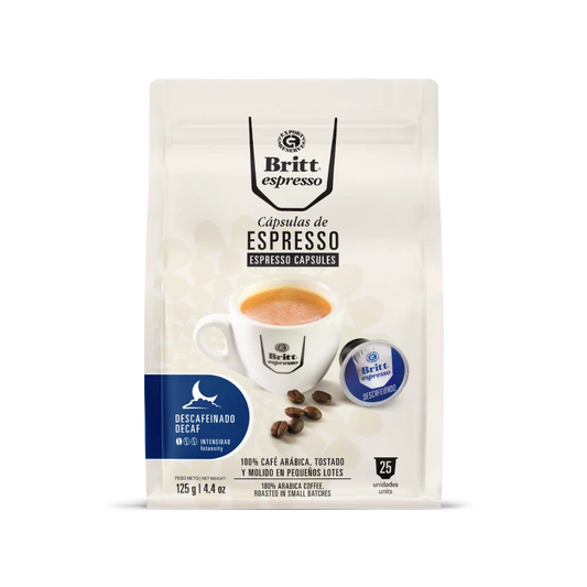 Pack of Britt Espresso Decaf capsules on a white background