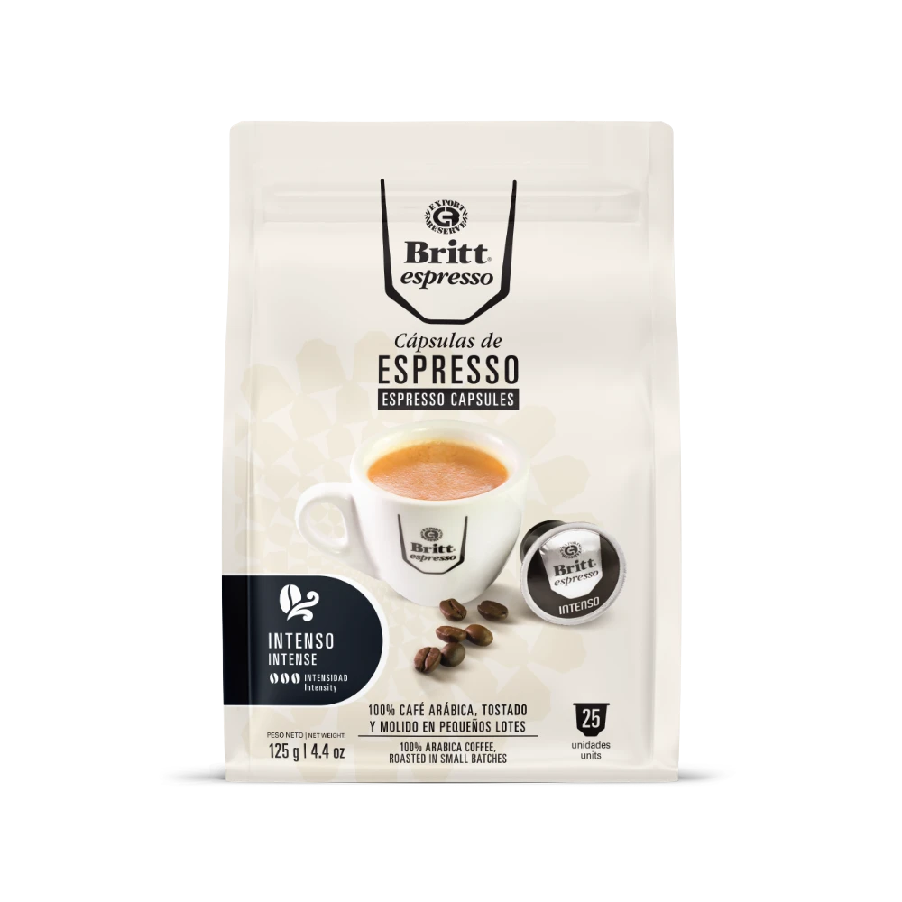 Packaging of Britt Espresso capsules with a cup and beans illustration on a white background