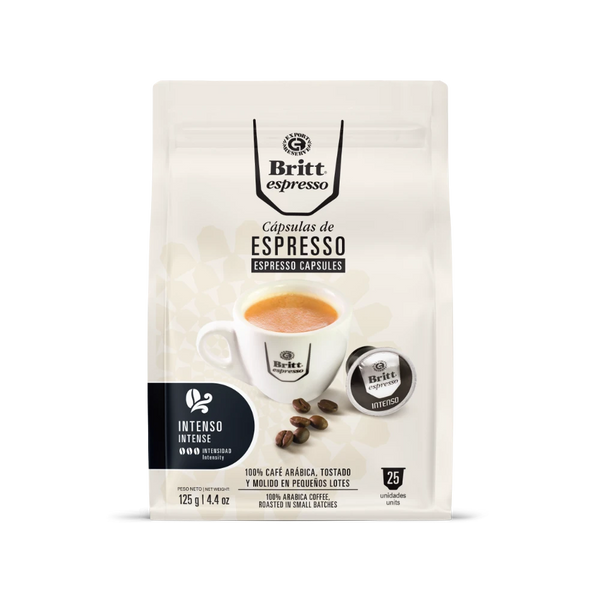 Packaging of Britt Espresso capsules with a cup and beans illustration on a white background