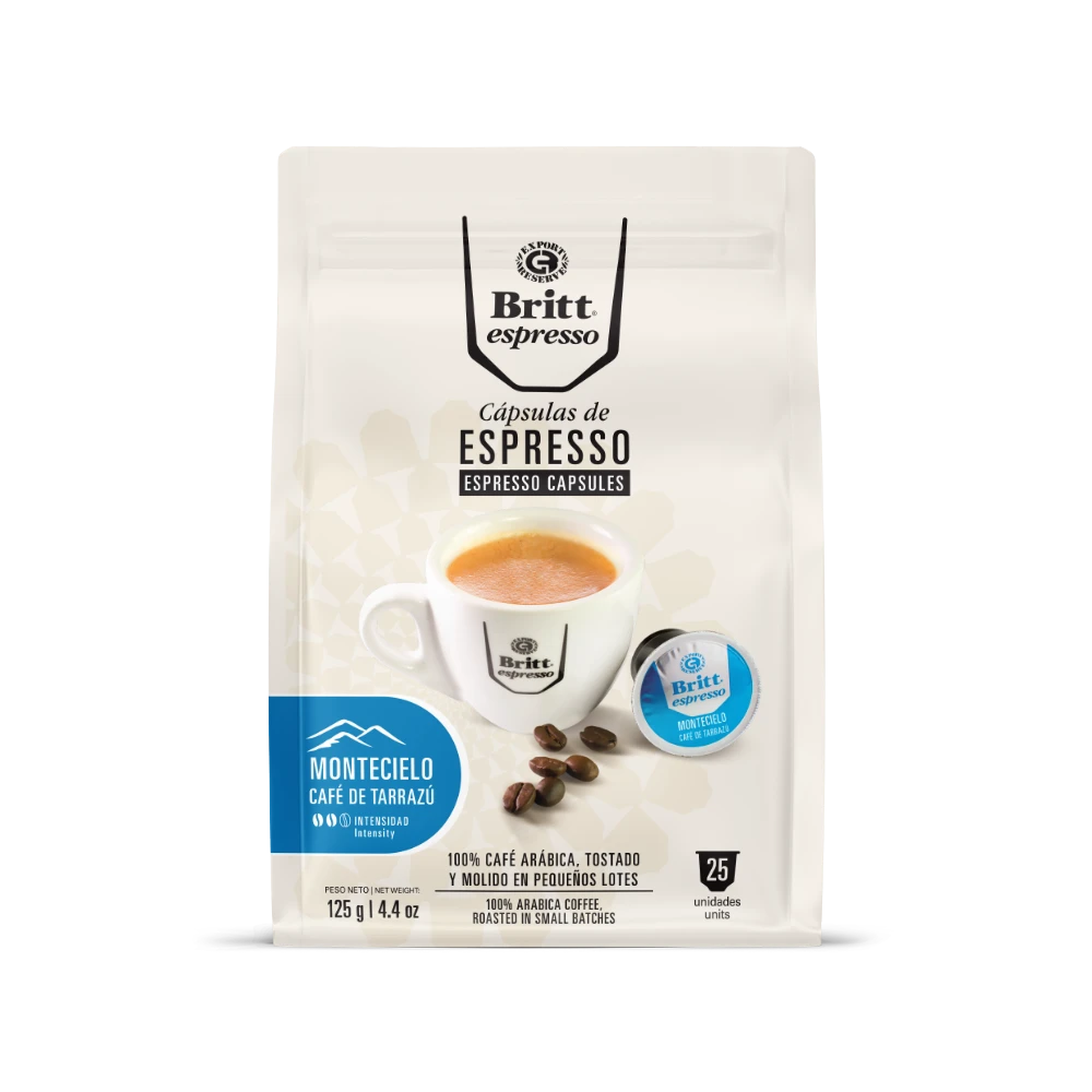 Packaging of Britt espresso capsules with coffee cup and beans illustration on a white background