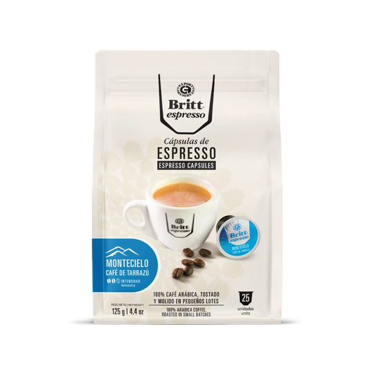 Packaging of Britt espresso capsules with coffee cup and beans illustration on a white background