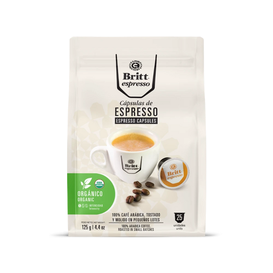 Packaging of Britt Espresso capsules with a cup and beans illustration on a white background