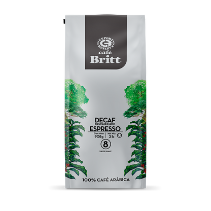Café Britt Decaf Espresso coffee package on a white background