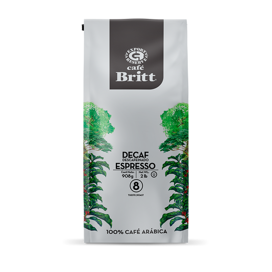 Café Britt Decaf Espresso coffee package on a white background