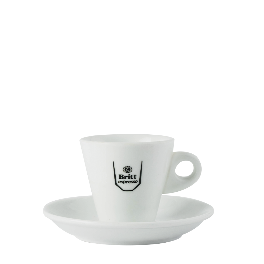 White coffee cup and saucer with 'Britt Espresso' logo on a white background