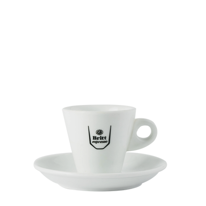 White coffee cup and saucer with 'Britt Espresso' logo on a white background
