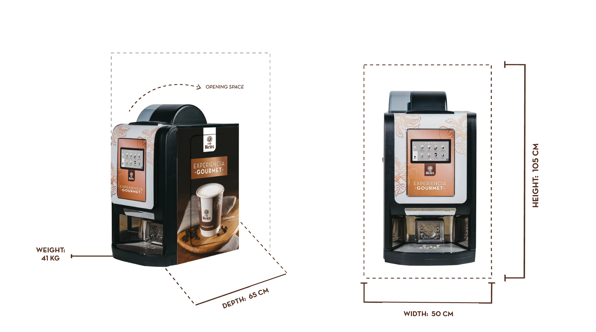 Measurement chart of a coffee machine with dimensions and weight indicated.
