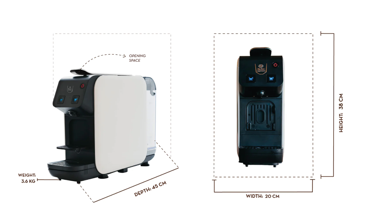 Measurement chart of a coffee machine with dimensions labeled.