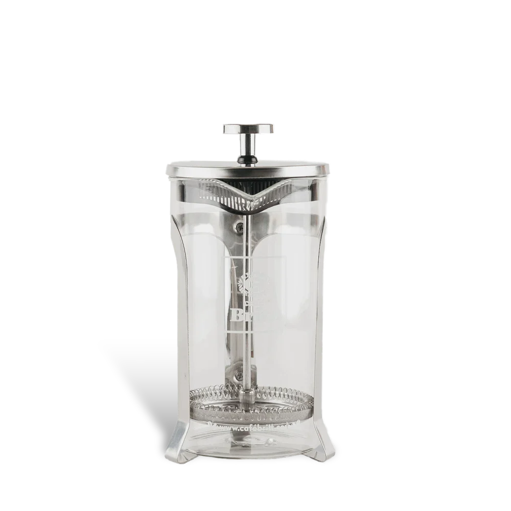 Clear glass French press coffee maker on a white background