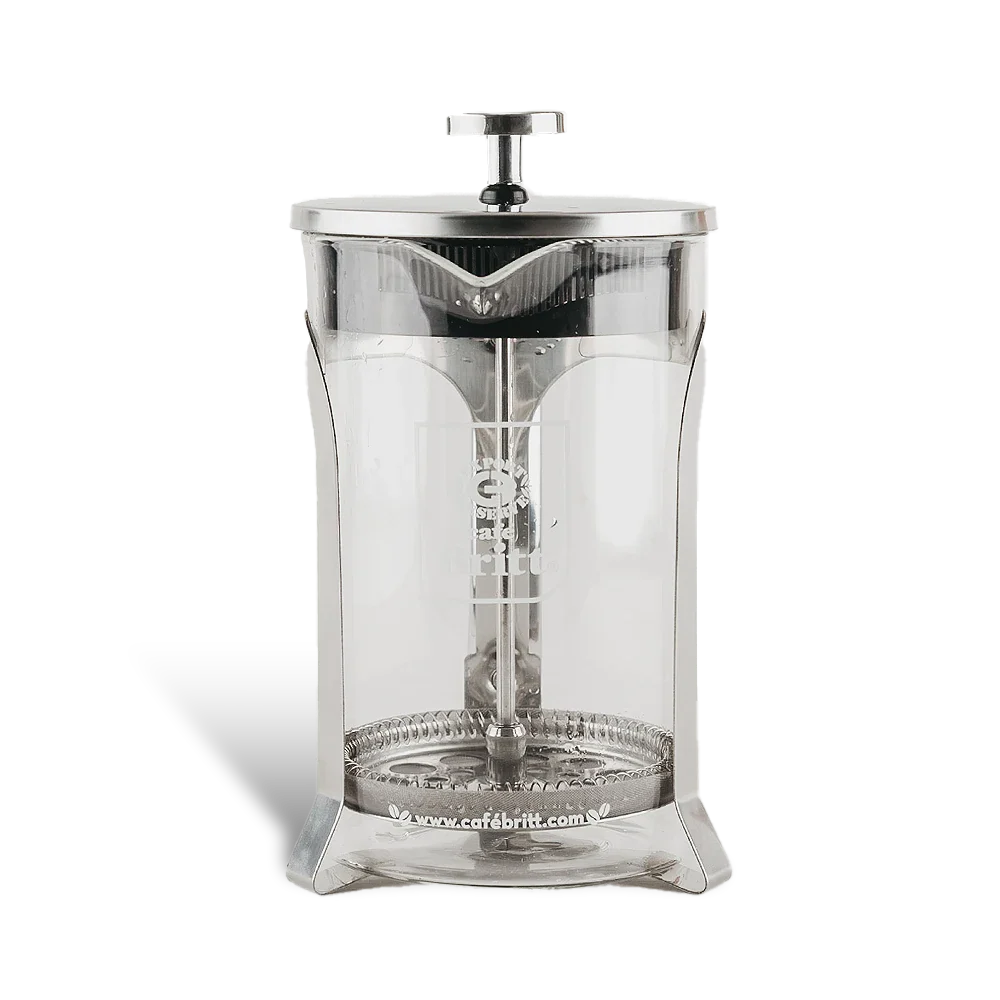 Clear glass French press coffee maker on a white background
