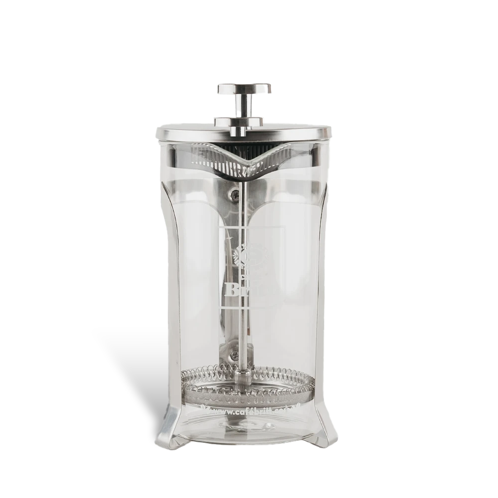 Clear French press coffee maker on a white background