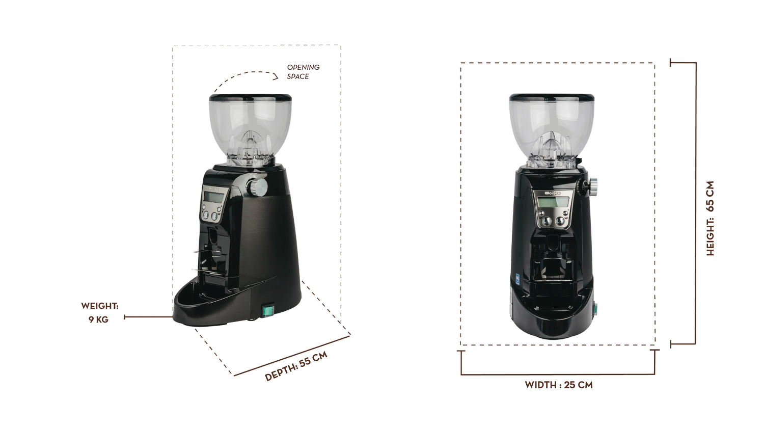Black coffee grinder with dimensions and weight details on a white background