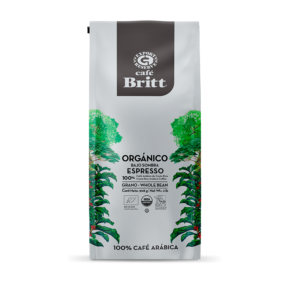 Café Britt Organic Espresso coffee package on a white background