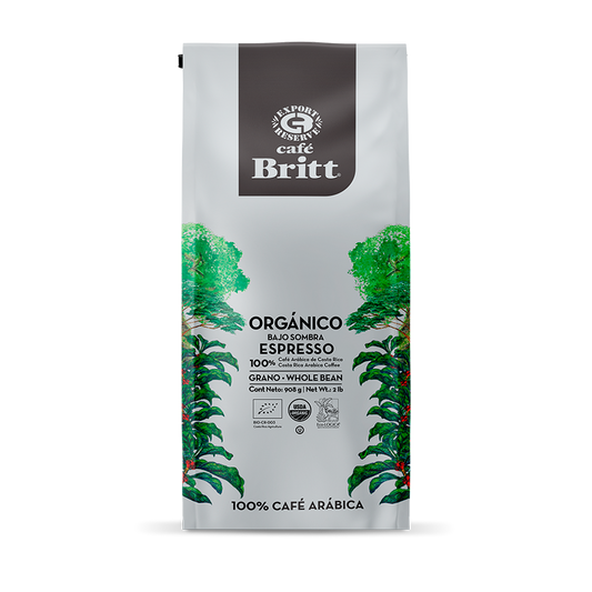 Café Britt Organic Espresso coffee package on a white background