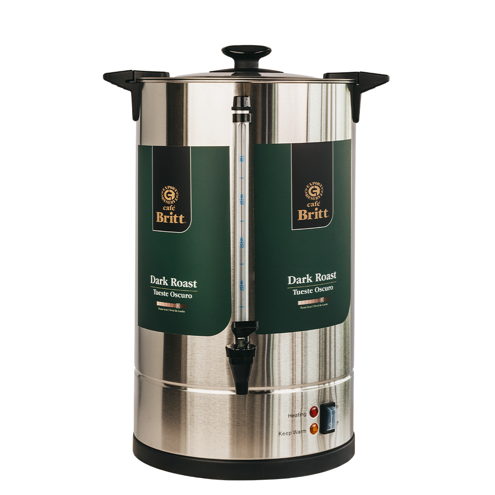 Coffee percolator with green Britt label