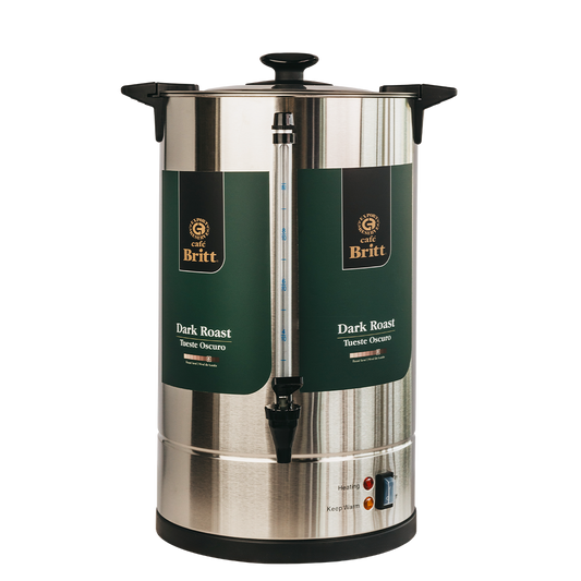 Coffee percolator with green Britt label