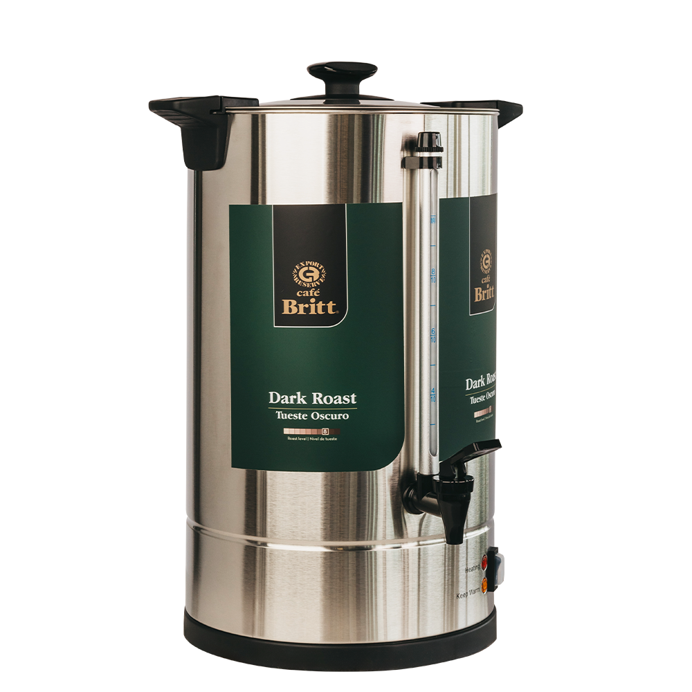 Coffee percolator with green Britt label