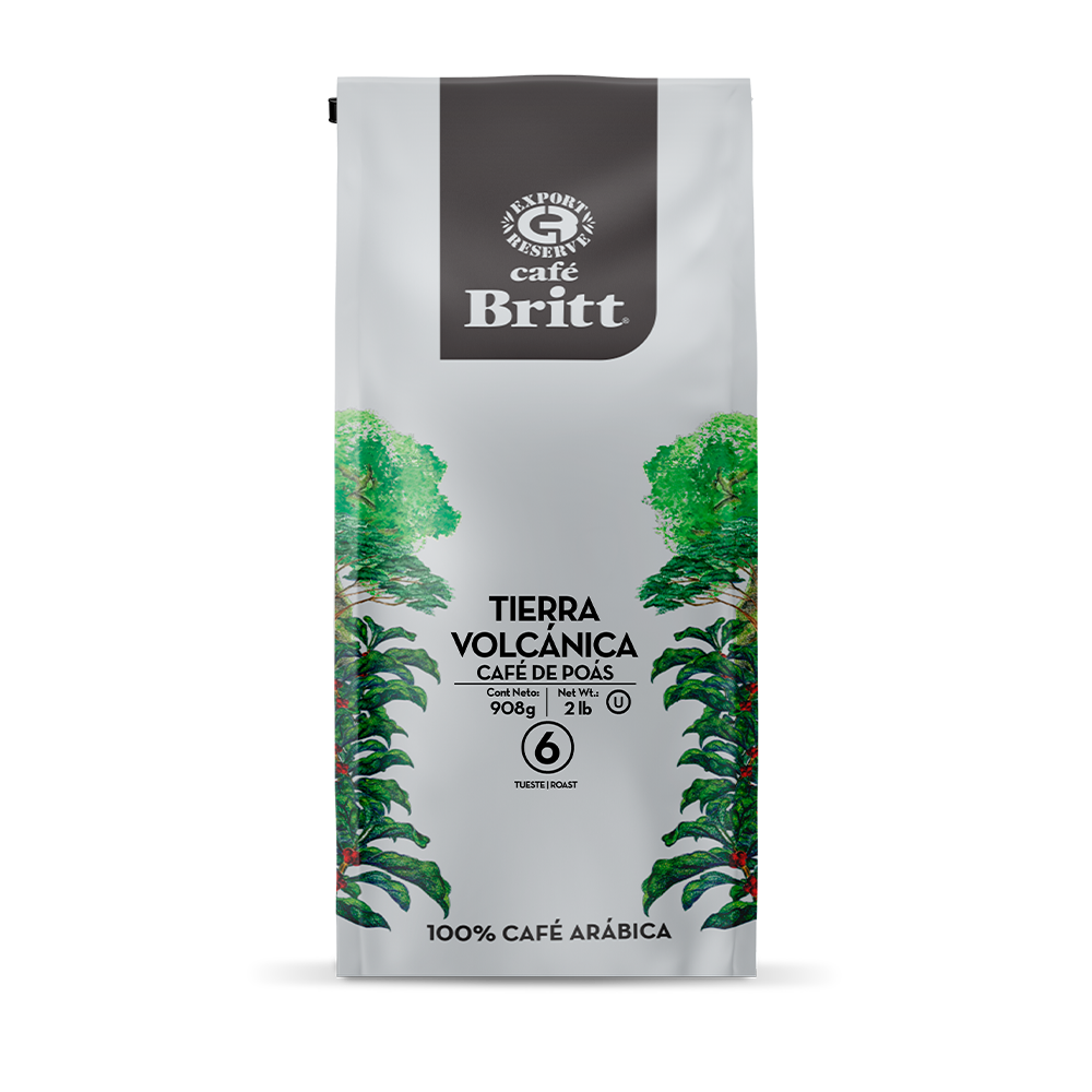 Café Britt Tierra Volcanica coffee package on a white background