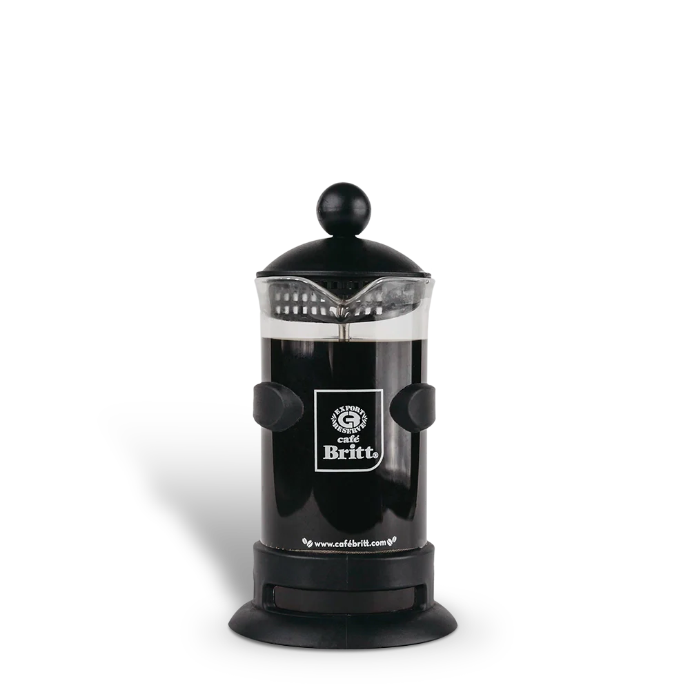Black French press coffee maker on a white background