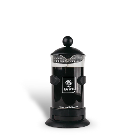 Black French press coffee maker on a white background