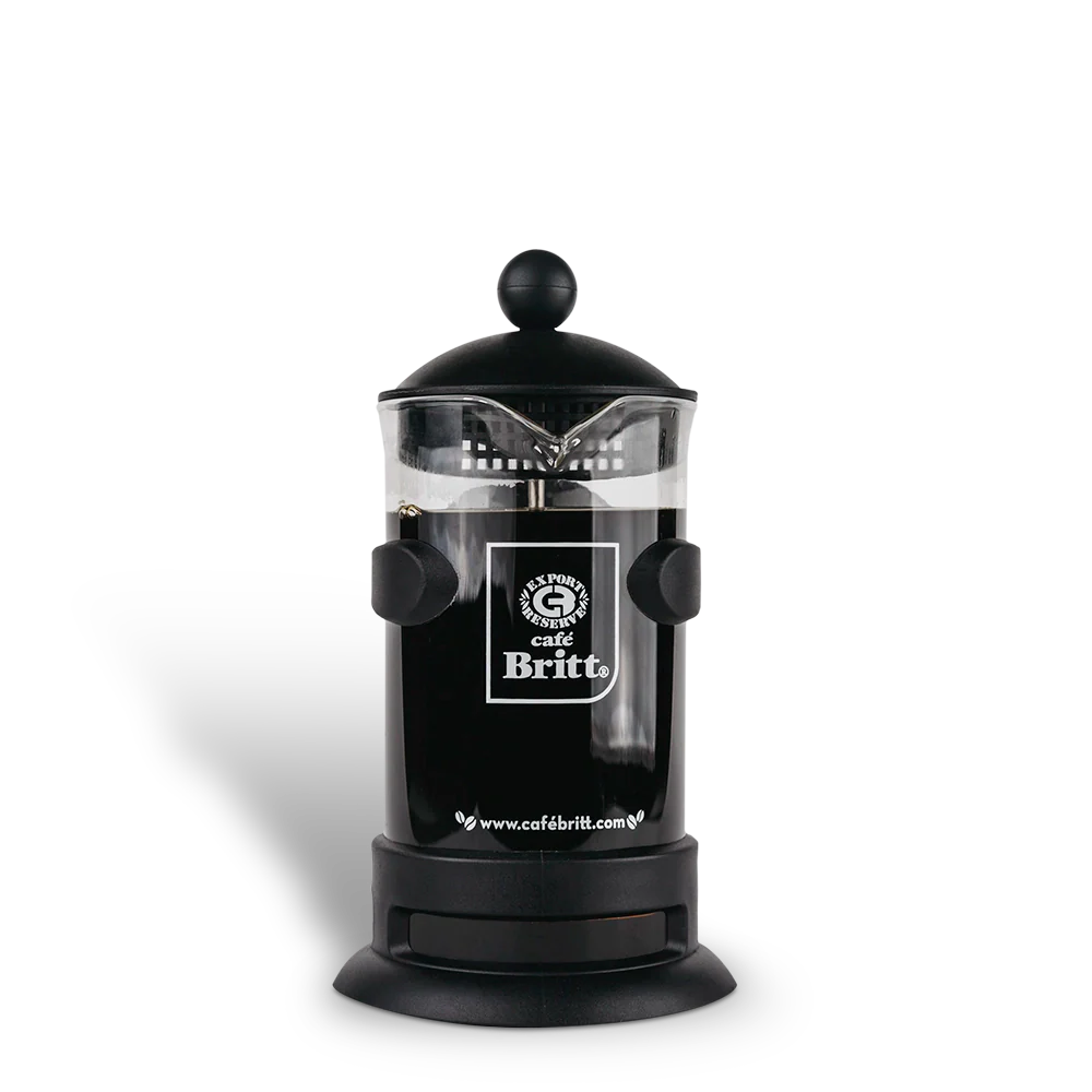 Black French press with Cafe Britt logo on a white background