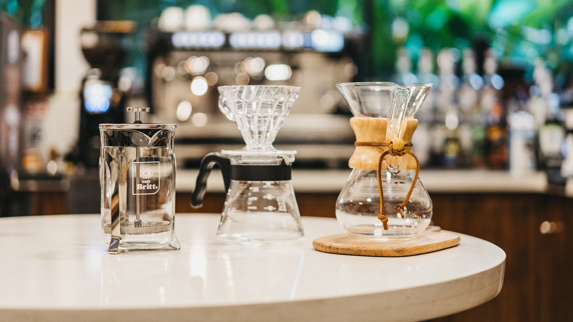 Manual coffee brewing equipment for preparing Café Britt gourmet Costa Rican coffee.