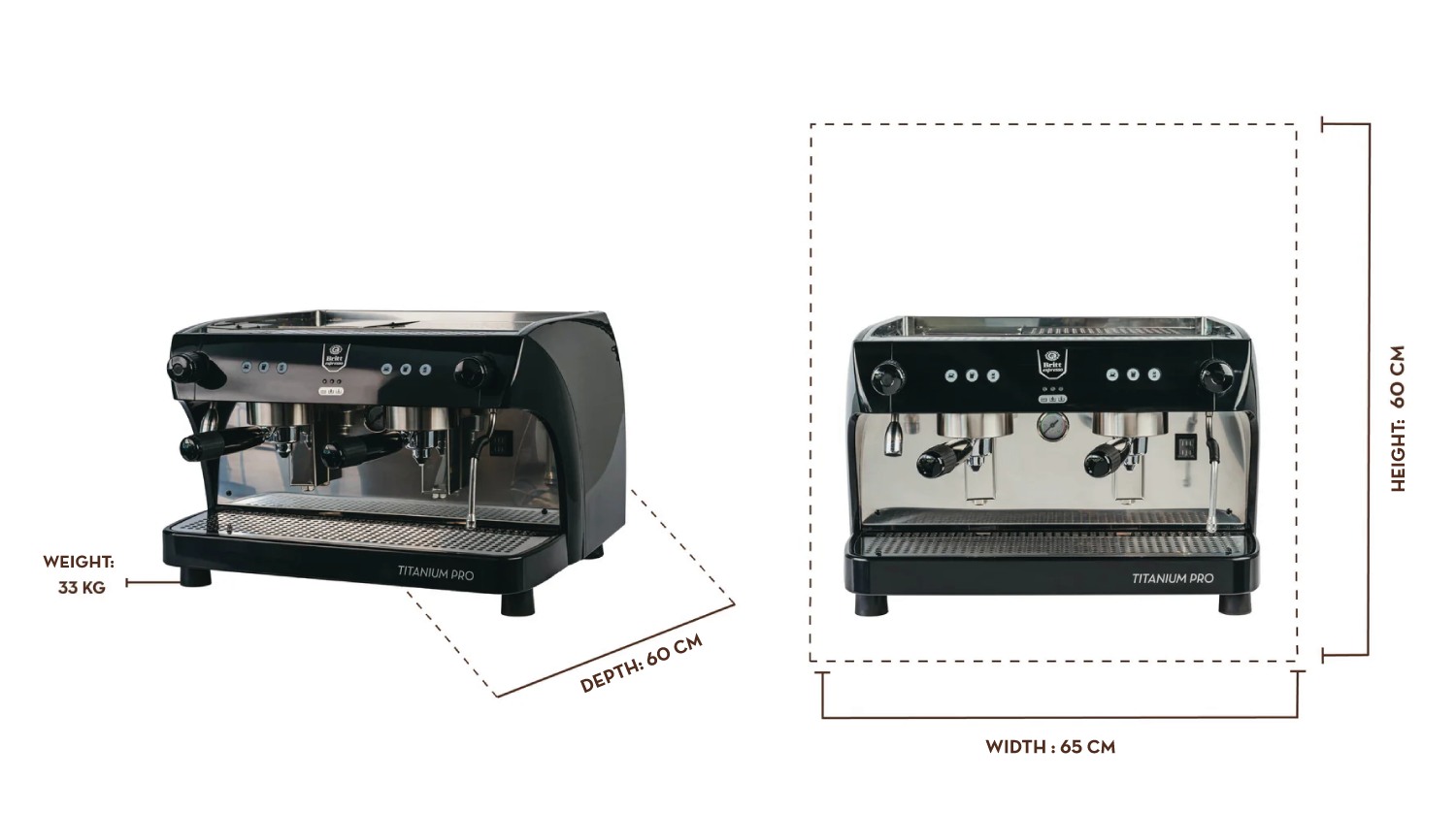 Two espresso machines with dimensions and weight labels on a white background