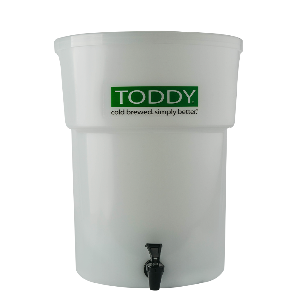 White Toddy cold brew coffee maker with a green logo on a white background
