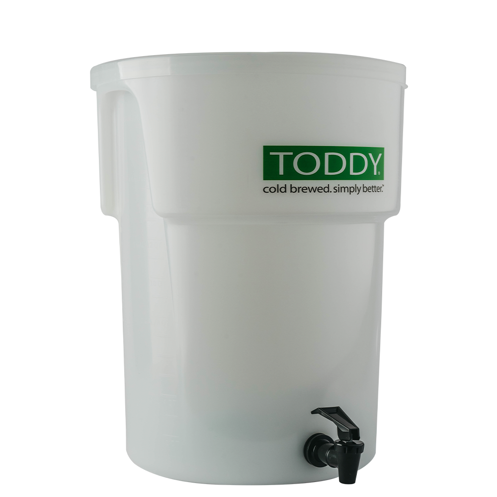 White Toddy cold brew coffee maker with a green logo on a white background