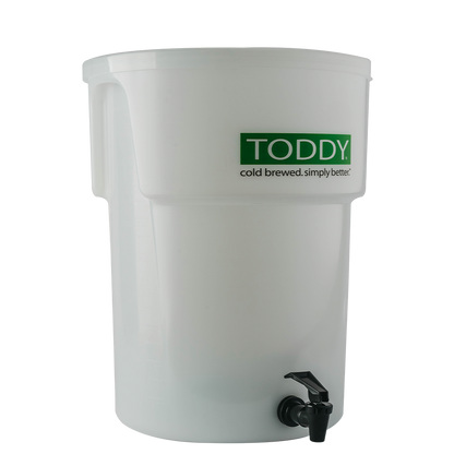 White Toddy cold brew coffee maker with a green logo on a white background