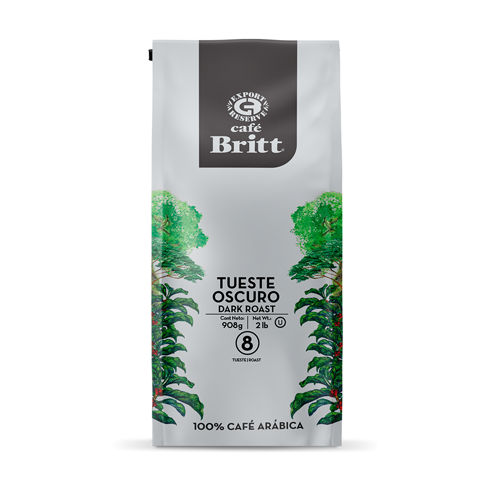 Café Britt Dark Roast coffee package with green coffee bean graphics on a white background