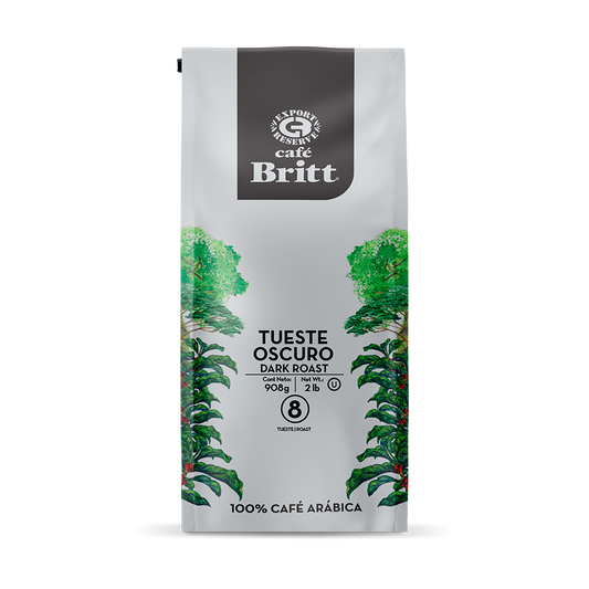 Café Britt Dark Roast coffee package with green coffee bean graphics on a white background